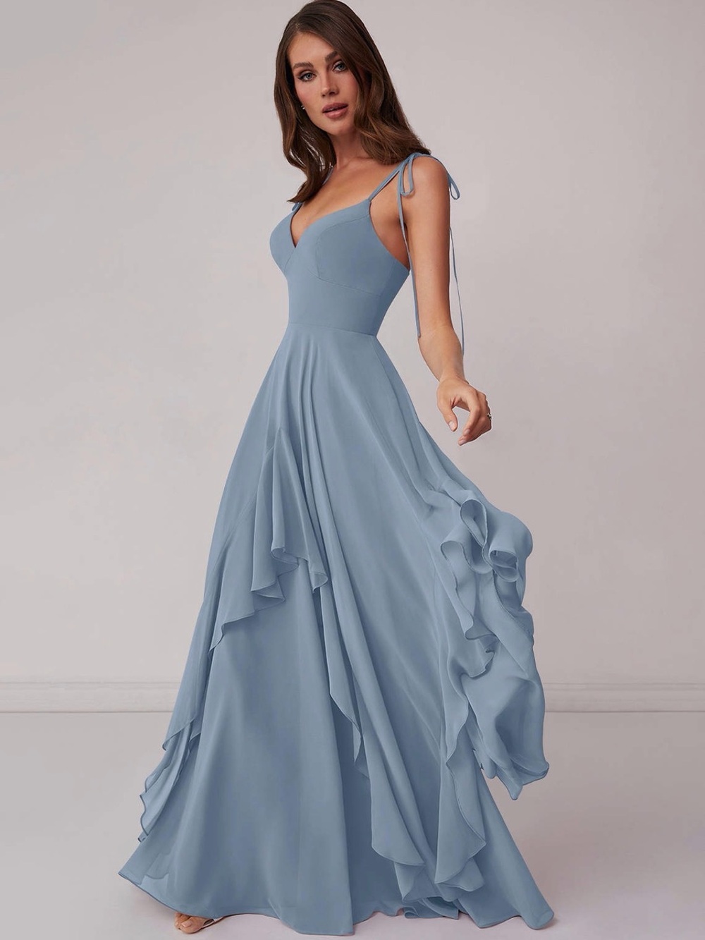 Barbie x Azazie 1004 Bermuda Blue Chiffon Ruffle Maxi Dress Custom
